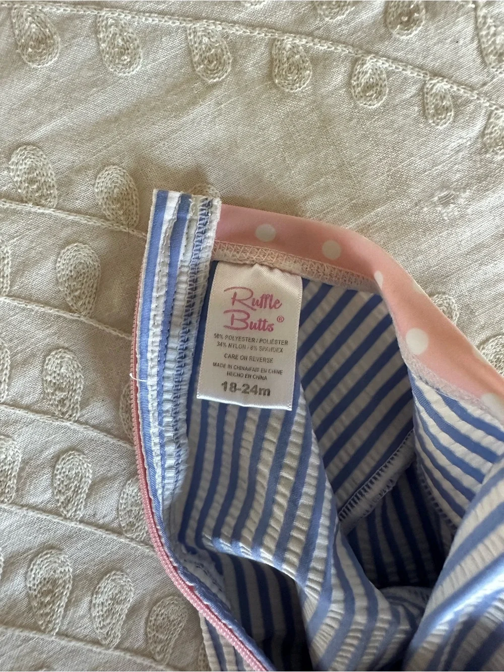 Ruffle Butts Girls Blue & White Striped One-Piece Rash Guard Swimsuit Pink Trim